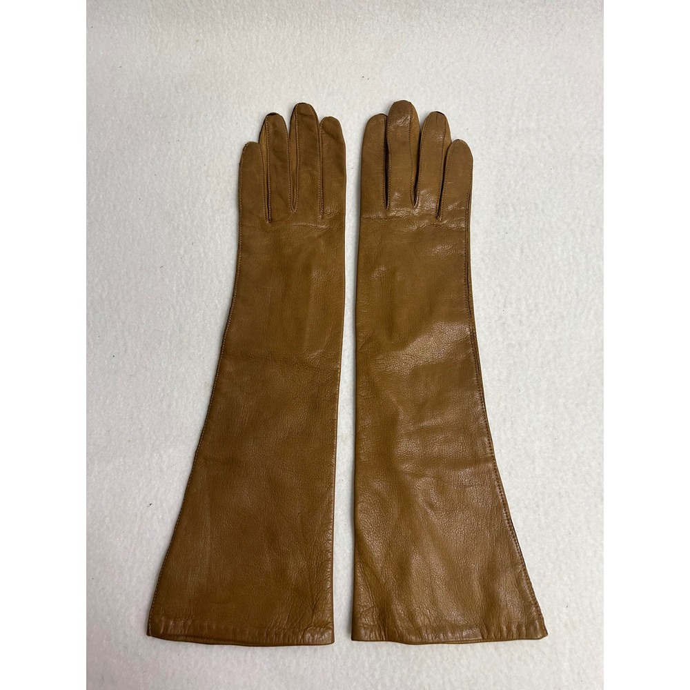 Vintage Old Money Glam Womens 7.5 Brown Silk Lined Leather Opera Gloves